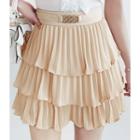 Buckled-waist Pleated Layered Skirt