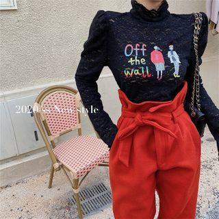 Long-sleeve Lettering Mock-neck Lace Top / Harem Pants