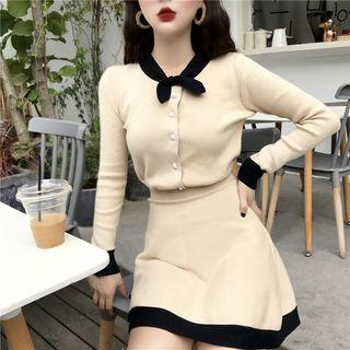 Tie-neck Cardigan / Two-tone Mini A-line Knit Skirt As Shown In Figure - One Size