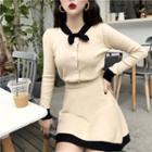Tie-neck Cardigan / Two-tone Mini A-line Knit Skirt As Shown In Figure - One Size