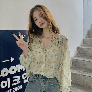 Puff-sleeve Floral Print Blouse Yellow Floral - White - One Size