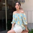 Balloon-sleeve Off-shoulder Tie-dyed Blouse Yellow - One Size