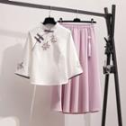 3/4-sleeve Flower Embroidered Hanfu Top / Midi A-line Skirt