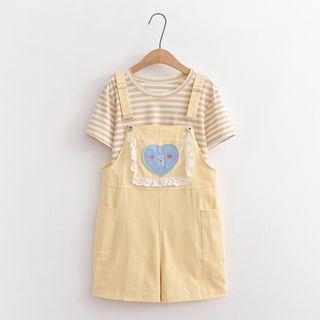 Set: Short-sleeve Striped T-shirt + Heart Applique Jumper Shorts