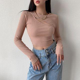 Long Sleeve Asymmetric Crop Knit Top