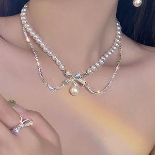 Rhinestone Faux Leather Ribbon Necklace Silver & White - One Size