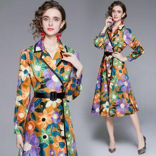 Floral Print Double-breasted Midi A-line Coat Dress