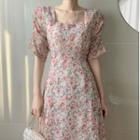 Short-sleeve Floral Chiffon A-line Midi Dress As Shown In Figure - One Size