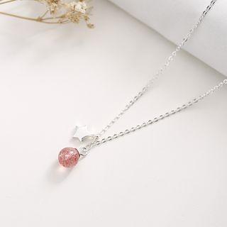 925 Sterling Silver Bead & Star Pendant Necklace Necklace - Pink Faux Crystal & Star - Silver - One Size