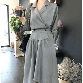 3/4-sleeve Plaid Notch-lapel A-line Dress