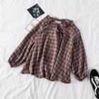 Frilled Trim Plaid Lace-up Top Coffee - One Size