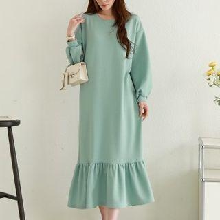 Balloon-sleeve Frill-hem Long Dress