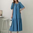 Square-neck Shirred Maxi Denim Dress