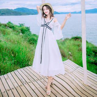 Cutout-shoulder Piped Midi Dress