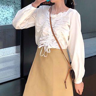 Long-sleeve Frill Trim Drawstring Top