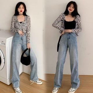 Leopard Print Jacket / Spaghetti Strap Top / Wide-leg Jeans / Sweatpants