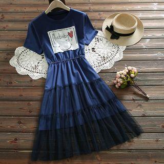 Applique Mesh Panel Short-sleeve Dress