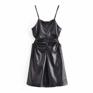 Spaghetti Strap Faux Leather Cutout A-line Dress