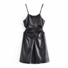 Spaghetti Strap Faux Leather Cutout A-line Dress