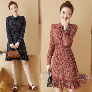Tie-neck Ruffled Hem Floral A-line Dress