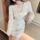 Long-sleeve Lace Top / Tweed Pencil Skirt
