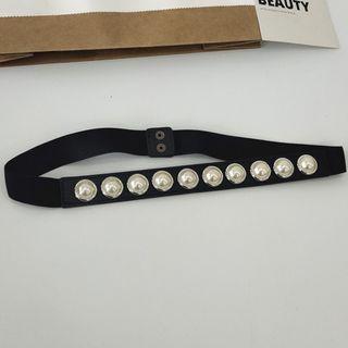 Faux-pearl Elasticized Belt Black - One Size