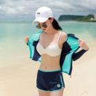 Set: Bikini Top + Swim Shorts + Long-sleeve Color Block Zip Swim Top