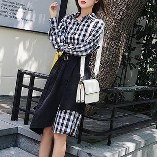 Set: Plaid Shirtdress + Asymmetrical Denim Skirt