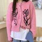 Round Neck Flower Cardigan Pink - One Size