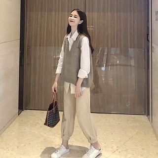 V-neck Knit Vest / Plain Shirt / Cropped Harem Pants