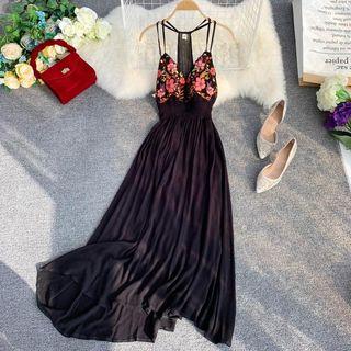 Flower Embroidered Spaghetti Strap Maxi A-line Dress