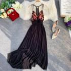 Flower Embroidered Spaghetti Strap Maxi A-line Dress
