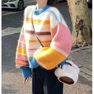 Color Block Striped Sweater Pink & Blue & Yellow - One Size