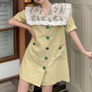 Short-sleeve Floral Panel Frill Trim Shift Dress Shift Dress - Floral Panel - Yellow - One Size