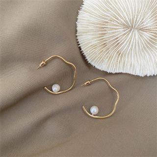 Faux Pearl 925 Sterling Silver Irregular Open Hoop Earring Stud Earring - 1 Pair - S925 Silver Stud - Gold - One Size
