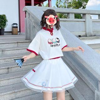 Elbow-sleeve Print T-shirt / Mesh Overlay Mini A-line Skirt / Set