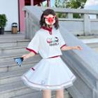 Elbow-sleeve Print T-shirt / Mesh Overlay Mini A-line Skirt / Set