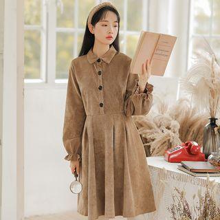 Corduroy Puff-sleeve A-line Shirtdress