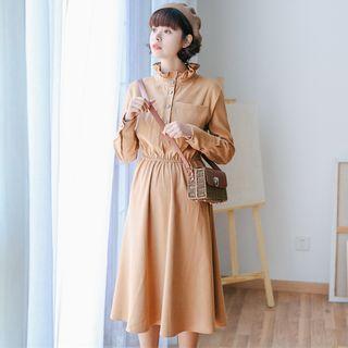 Ruffle Trim Long-sleeve A-line Midi Dress
