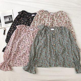 Color-block Floral Long-sleeve Chiffon Blouse