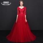 Embellished V-neck Tulle Evening Gown