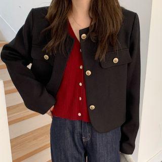 Plain Round-neck Buttoned Jacket