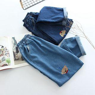 Bear Embroidered Washed Jeans