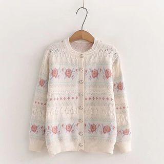 Rose Print Cardigan White - One Size