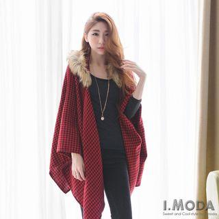 Faux Fur Trim Hooded Shawl Cape