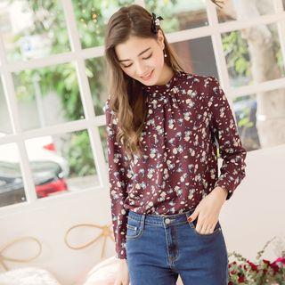 Long-sleeve Floral Pleated Blouse