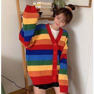 Striped Long-sleeve Knit Top / V-neck Cardigan