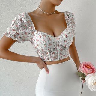 Short-sleeve Square-neck Floral Mesh Panel Crop Corset Top