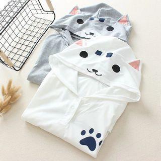 Short-sleeve Placket Printed Hoodie