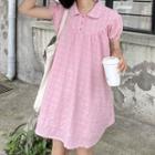 Short-sleeve Plaid A-line Dress Pink - One Size